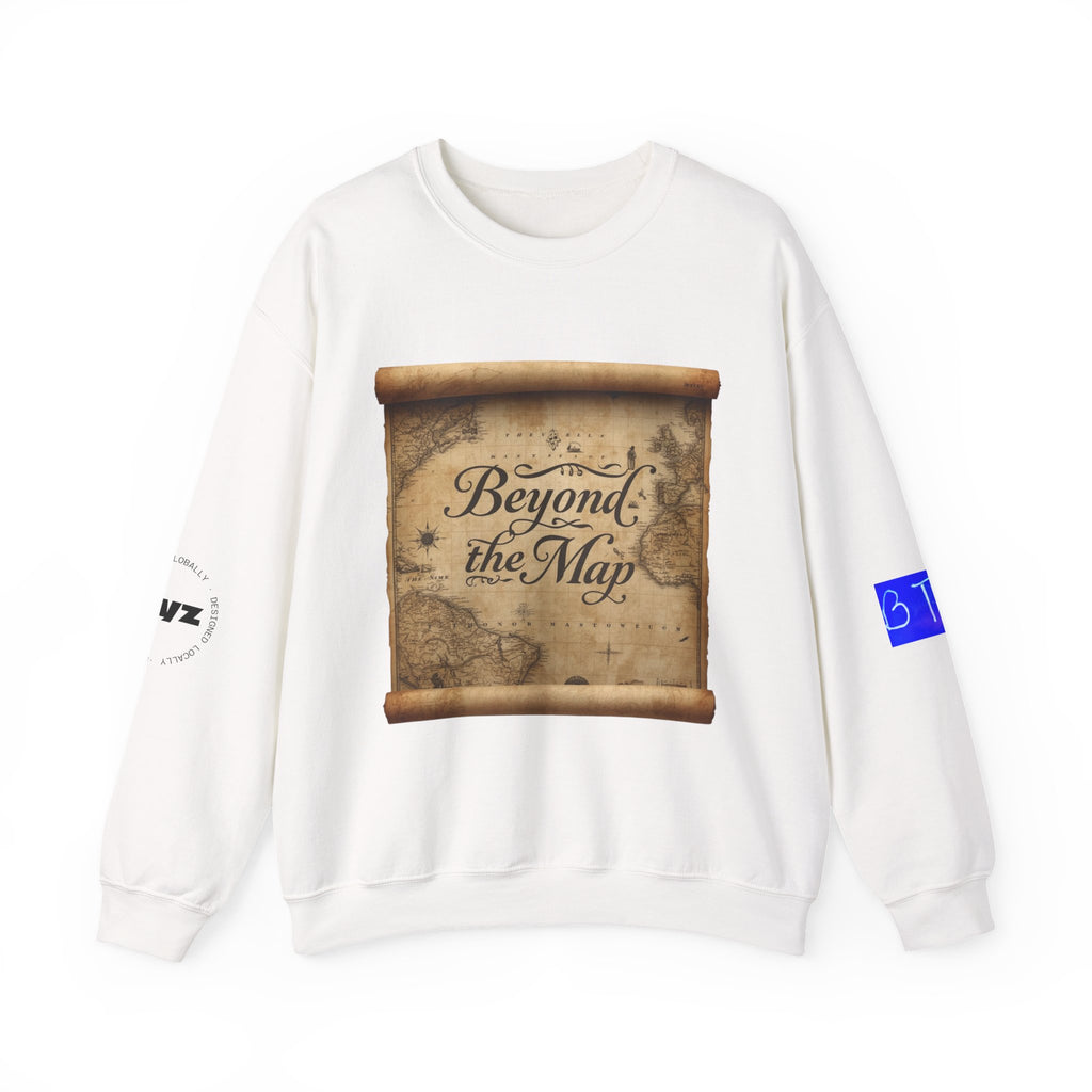 Crewneck Sweatshirt — "Beyond the Map" Vintage Map Front & "Stop the Bombing" Retro Poster Back