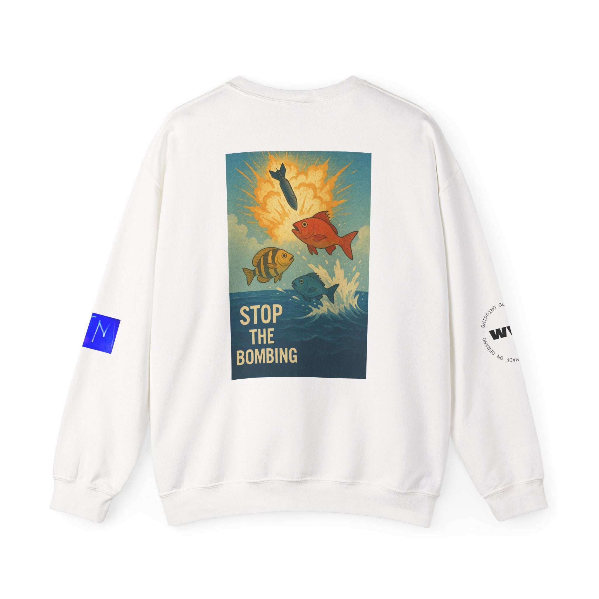 Crewneck Sweatshirt — "Beyond the Map" Vintage Map Front & "Stop the Bombing" Retro Poster Back