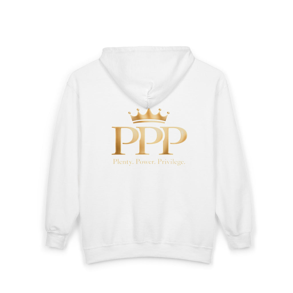 PPP Crown Zip Hoodie — 'Plenty. Power. Privilege.' Gold Logo