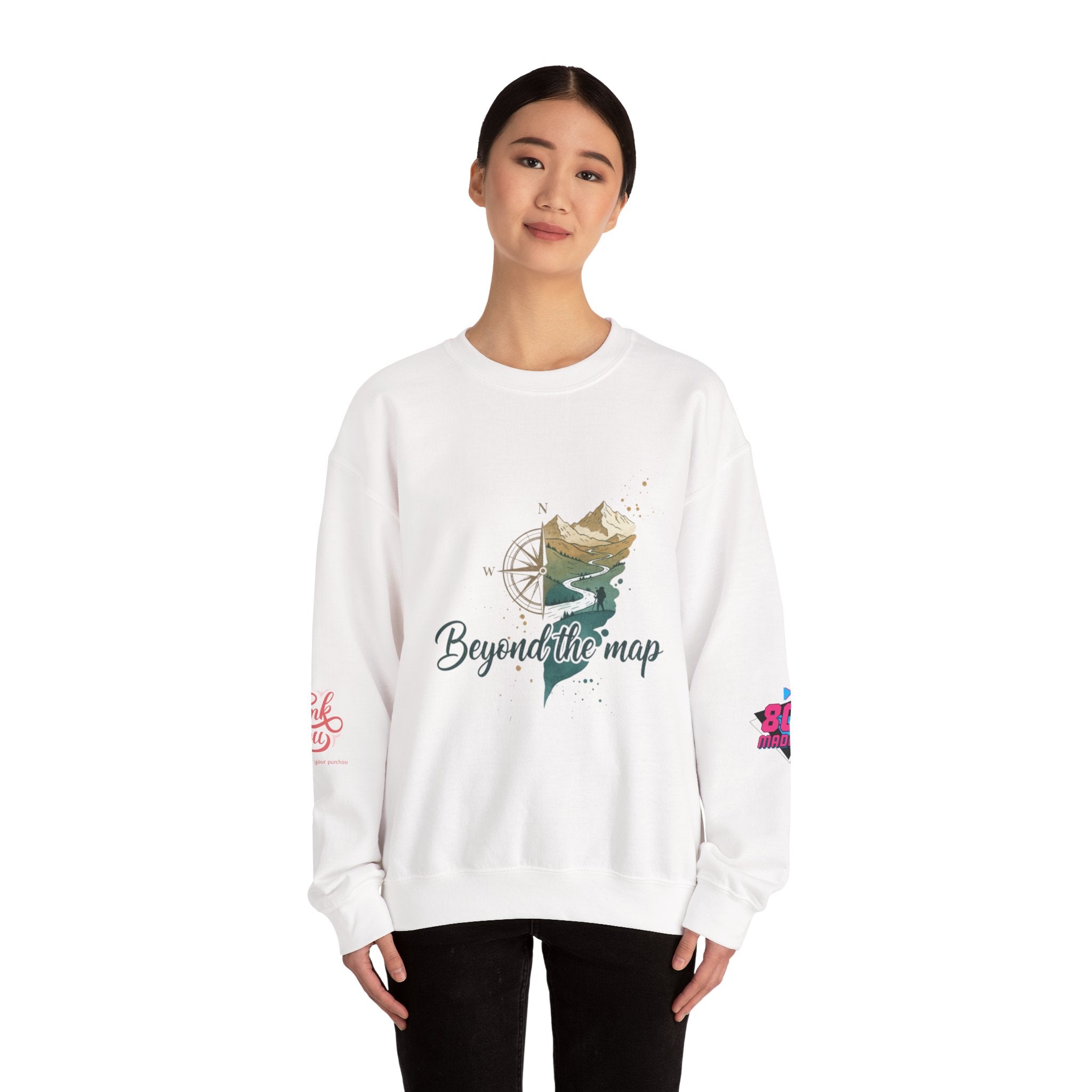 Beyond the Map Crewneck Sweatshirt — Adventure Graphic Pullover with Raptor BTM Back Print