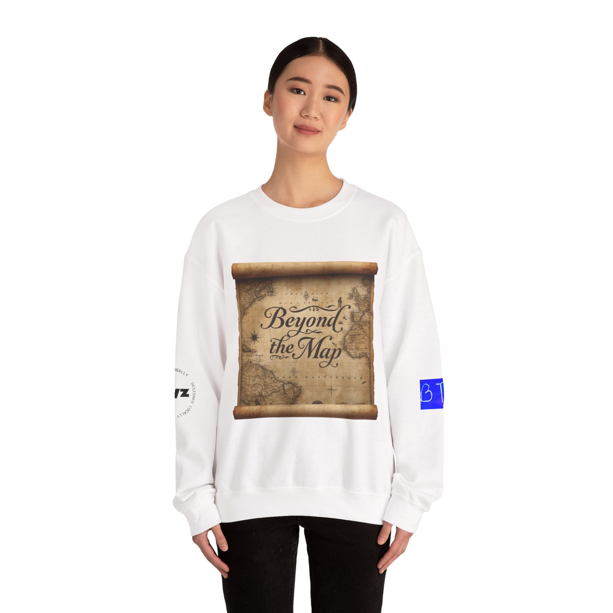 Crewneck Sweatshirt — "Beyond the Map" Vintage Map Front & "Stop the Bombing" Retro Poster Back