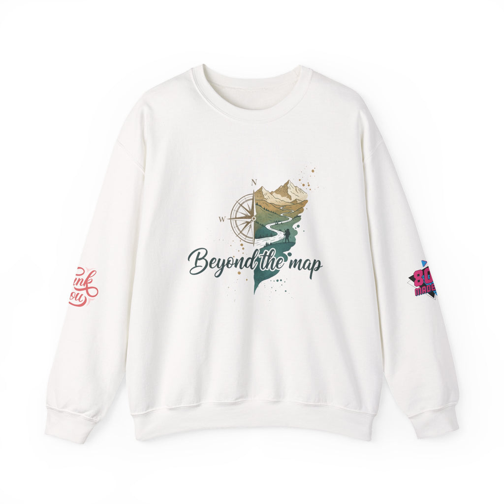 Beyond the Map Crewneck Sweatshirt — Adventure Graphic Pullover with Dino BTM Logo