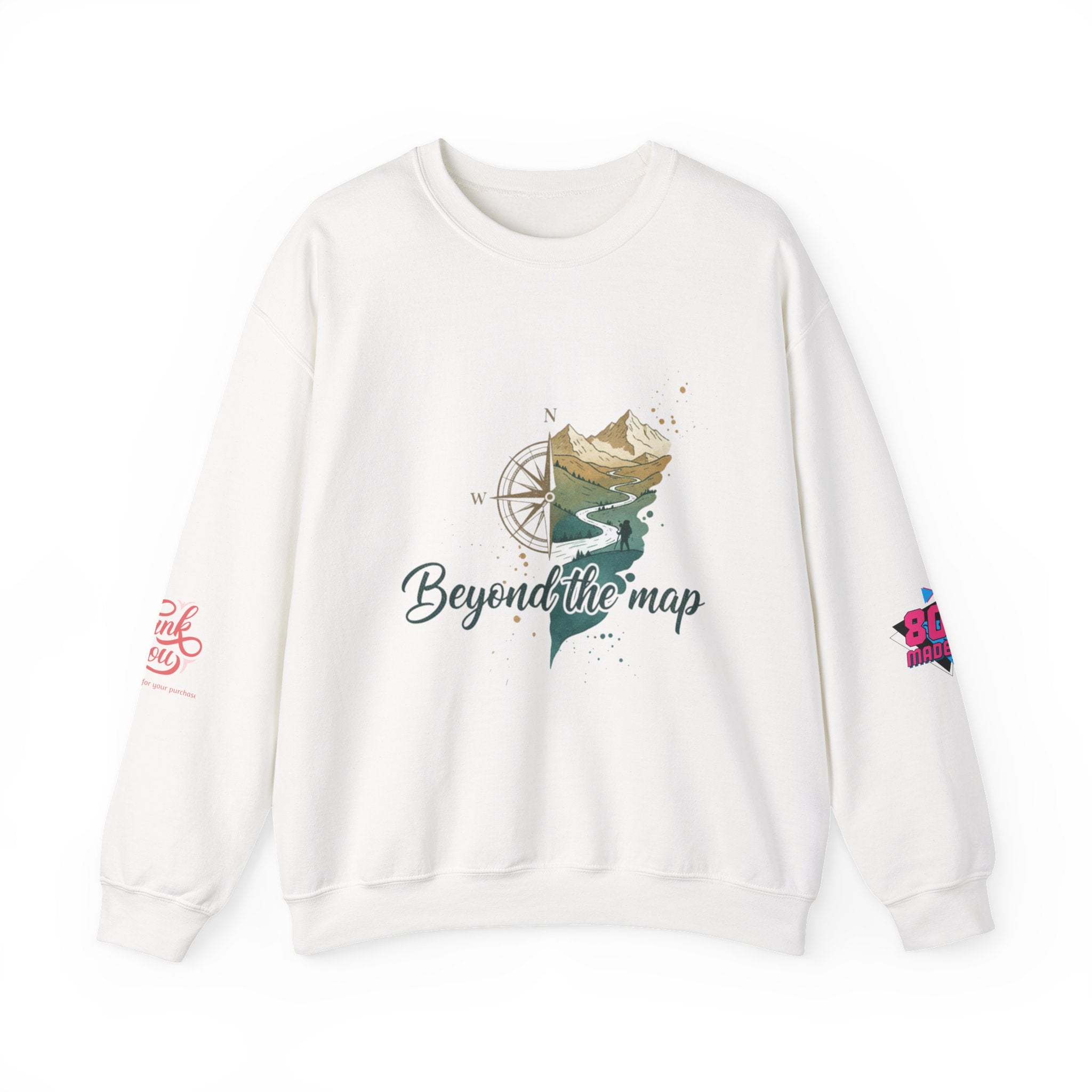Beyond the Map Crewneck Sweatshirt — Adventure Graphic Pullover with Raptor BTM Back Print